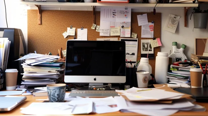 A cluttered home office desk with stacks of papers, sticky notes pinned to a corkboard, mail, coffee cups, and a computer half-buried in the mess.